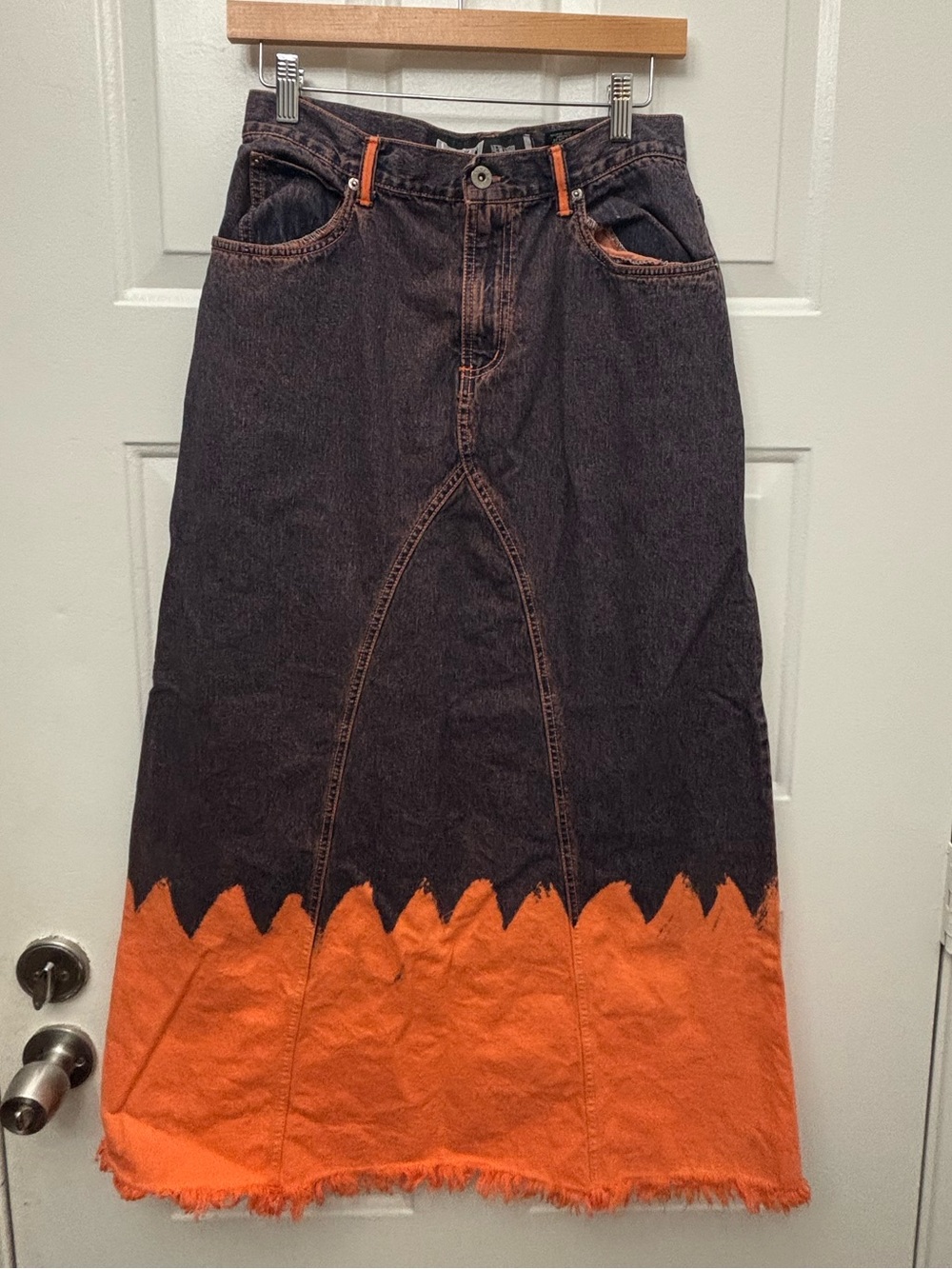 Two-Tone Black and Orange Maxi Denim Skirt